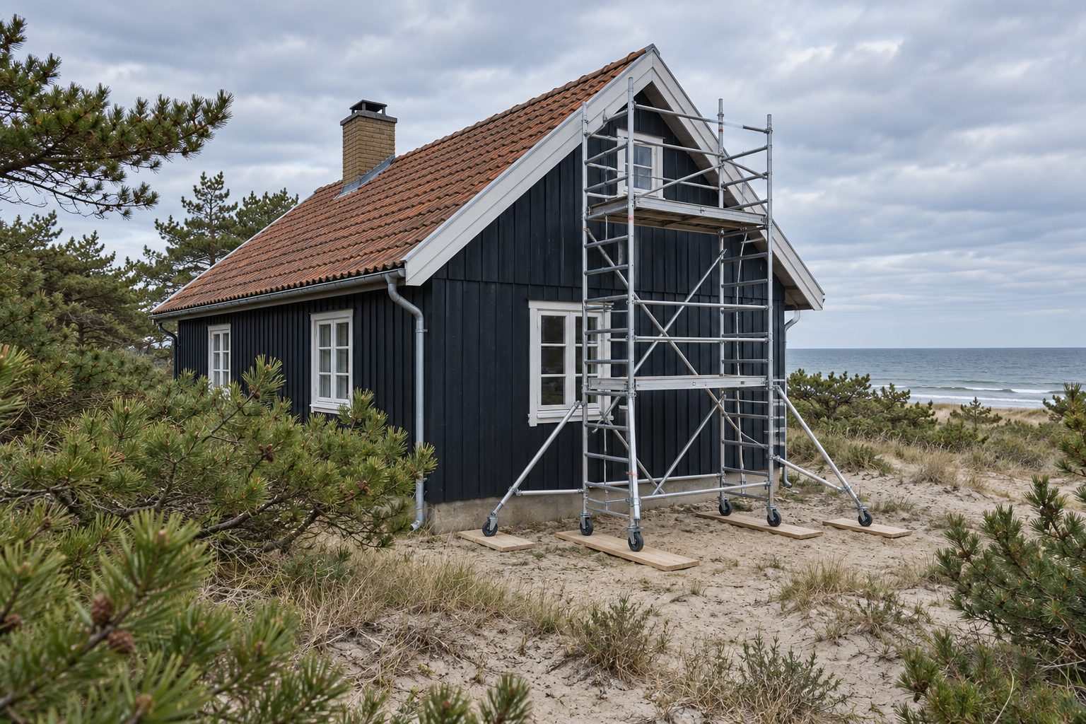Alumīnija tornis uz riteņiem pie vienstāva koka vasarnīcas kāpās