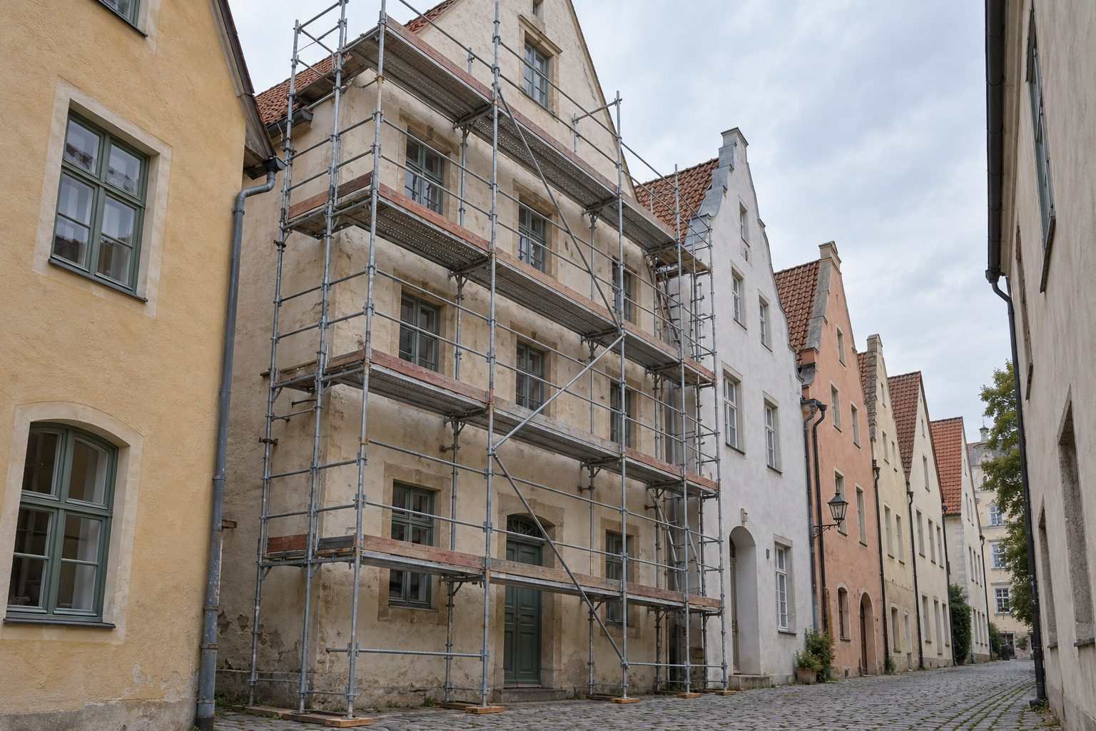 Rāmju sastatnes pie vecpilsētas mūra nama ielas fasādes šaurā bruģētā ielā